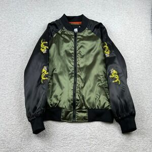 American Stitch Mens XL Bomber Jacket Olive Green Black Dragon Embroidered Satin
